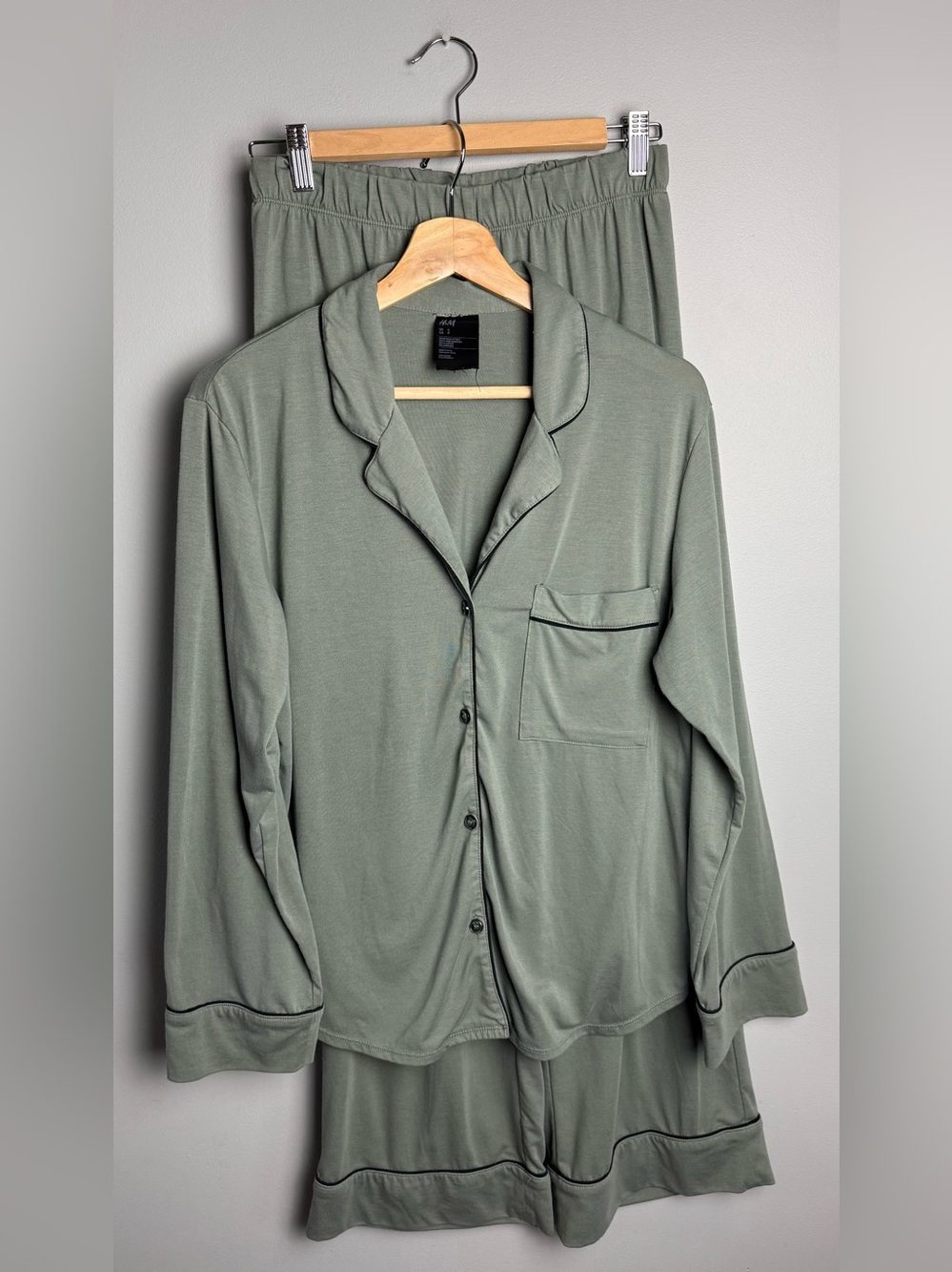 H&M Sage Green Button Pajama Set with Contrast Trim